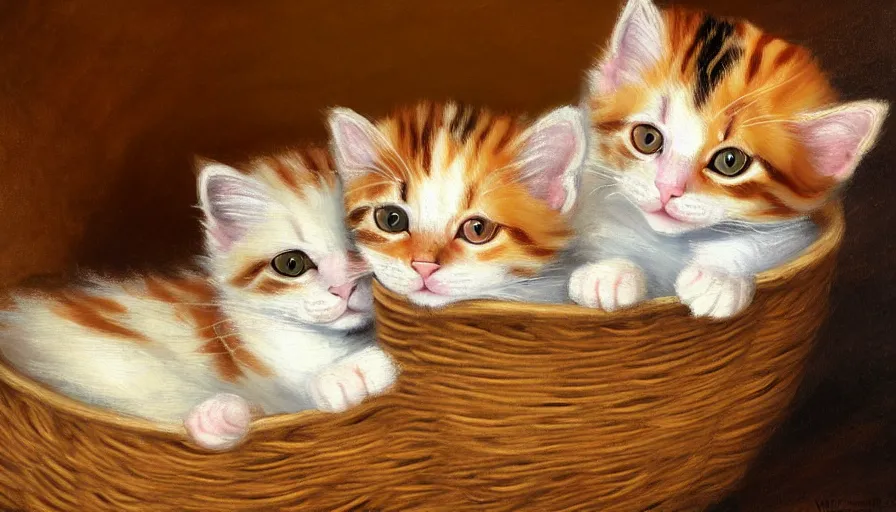 Image similar to highly detailed painting of cute furry calico and ginger tabby kittens cuddled up in a basket by william turner, thick brush strokes and visible paint layers, 4 k resolution