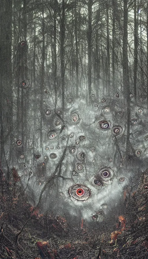 Image similar to a storm vortex made of many demonic eyes and teeth over a forest, by alyssa monks