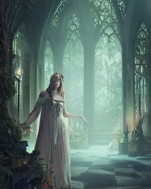 Prompt: Beautiful art portrait of Melissa Rquch as a fantasy gothic priestess in a bright temple surrounded by lush forest, atmospheric lighting, intricate detail, cgsociety, hyperrealistic, octane render, RPG portrait, ambient light, dynamic lighting