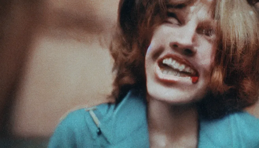 Image similar to 7 0 s movie still portrait of a woman with fungus in the mouth, cinestill 8 0 0 t 3 5 mm technicolor, heavy grain, high quality, high detail