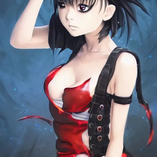 Image similar to a beautiful young japanese eimi fukada alluring instagram model in elaborate latex tank top, jrpg tank top made from latex demon faces, concept art by akira toriyama and wlop and ilya kuvshinov and artgerm and studio ghibli, aesthetic, gorgeous, stunning, alluring, attractive, artstation, deviantart, pinterest, digital art