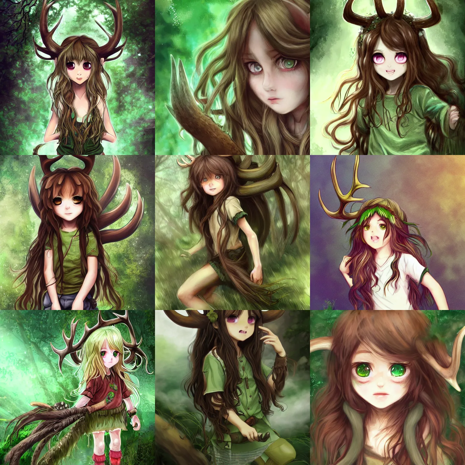 Prompt: small child of the forest with long brown - hair wavy hair, ragged green clothes, ram antlers, fangs, big eyes, fantasy setting, realistic artstyle, epic, detailed, high - fantasy