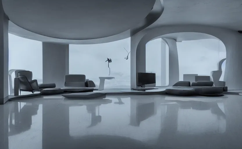 Prompt: futuristic minimalist living room, surreal, coherent composition, architecturally accurate, architecture photography, 8 k