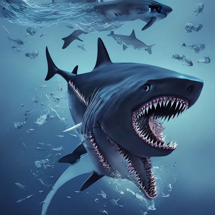 Image similar to portrait of joe biden as a shark. intricate abstract. intricate artwork. by tooth wu, wlop, beeple, dan mumford. octane render, trending on artstation, greg rutkowski very coherent symmetrical artwork. cinematic, hyper realism, high detail, octane render, 8 k, iridescent accents