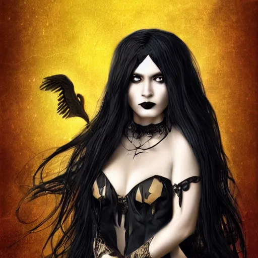 Image similar to a gothic sorceress, long black hair, golden eyes, digital art, highly detailed, high resolution, award winning