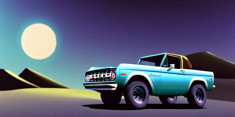 Prompt: a cinematic keyframe matte painting of a sleek 1 9 7 0 s vaporwave concept vehicle retro - futurism sci - fi sky blue 2 0 2 4 ford bronco car in an open garage in the colorado, view from the street. in the moonlight. rocky mountains. by eric lafforgue, glennray tutor and edward hopper, greg rutkowski. trending on artstation.