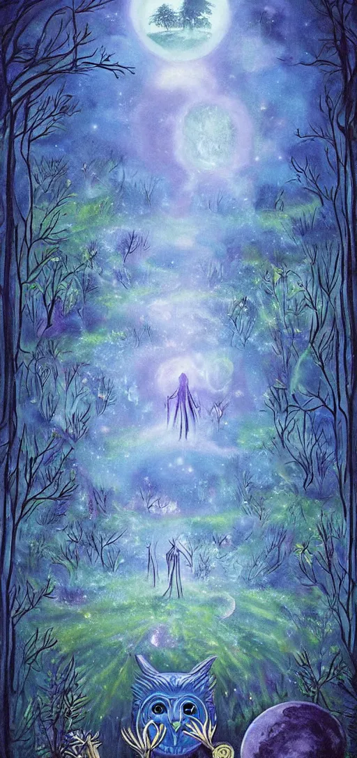 Prompt: painterly dreamy Kupala Night in the blue forest with trees, giant eyes in the grass, giant flowers, glowing owls, deers, women, lianas, thistles, giant fantasy creatures, a stream and sky with moon and stars, glowing Buddha in the center of the forest in the moment of enlightenment who remembered his previous horrifying amount of lifes, by Beksinski, Alex Grey, Aron Wiesenfeld and Giger dark fantasy, witcher, very detailed oil painting in the alla prima style, masterpiece, 8k