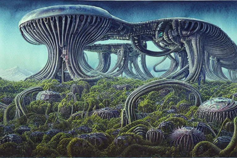 Image similar to a surreal and awe - inspiring science fiction landscape, alien plants and animals, intricate, elegant, uplifting, happy, inspirational, highly detailed watercolor painting by h. r. giger and simon stalenhag