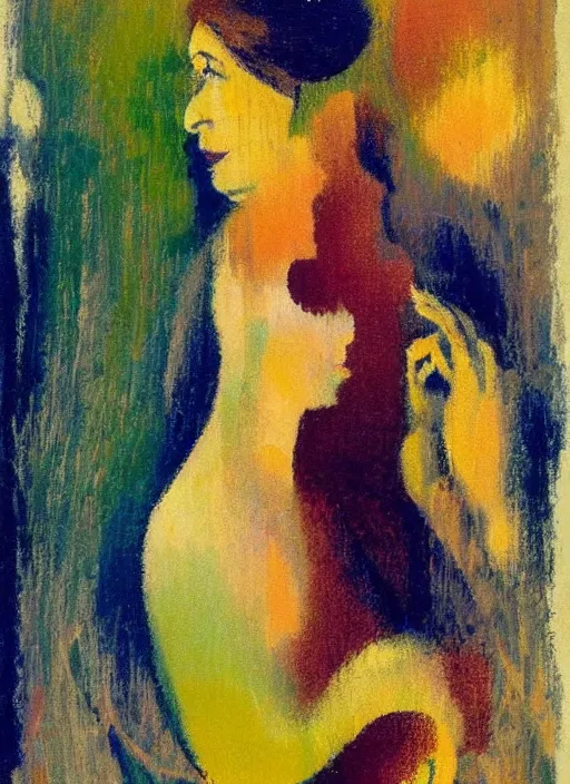 Image similar to an abstract portrait of a lady enshrouded in an impressionist representation of Mother Nature and the meaning of life by Igor Scherbakov, abstract, thick visible brush strokes, figure painting by Anthony Cudahy and Rae Klein, vintage postcard illustration, minimalist cover art by Mitchell Hooks