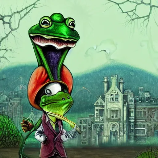 Prompt: A portrait of a scary godlike anthropomorphic frog smoking a cigarette , mushroom mansion in the background . award winning. superb resolution. in the art style of junji Ito and greg rutkowski . Detailed Mushroom city in background. Hyper realistic anime. Perfect art. Dalle2