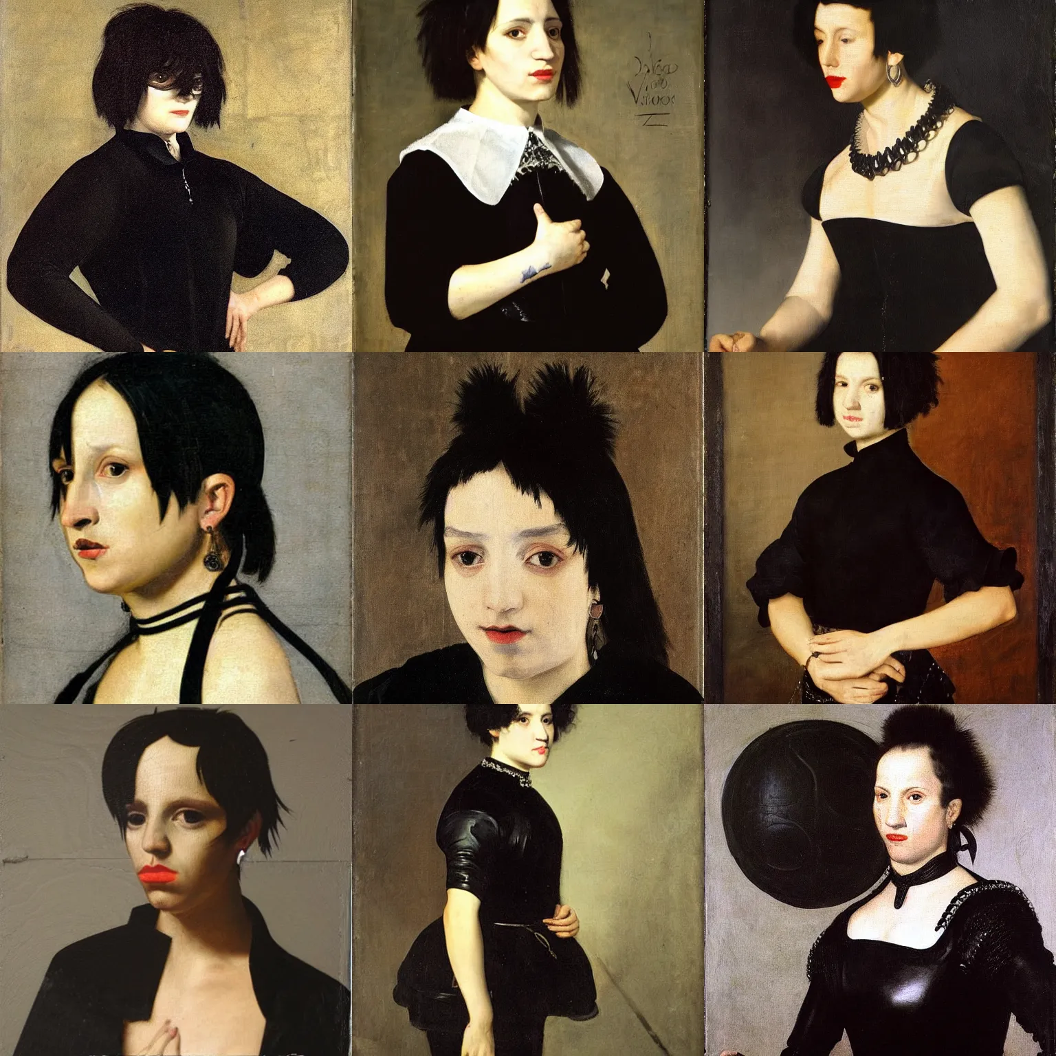 Prompt: an emo by diego velazquez. her hair is dark brown and cut into a short, messy pixie cut. she has large entirely - black eyes. she is wearing a black tank top, a black leather jacket, a black knee - length skirt, a black choker, and black leather boots.