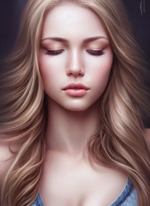 Prompt: a gorgeous female photo, professionally retouched, realistic, insanely detailed hair, smooth face, eyes closed, symmetrical, full body shot, wide angle, sharp focus on eyes, 8 k high definition, insanely detailed, intricate, elegant, art by artgerm