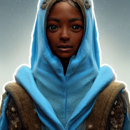 Image similar to a highly detailed portrait of a humanoid giraffe in a blue cloak, adventurer, artstation, deviantart, professional, unreal engine 5, octane render