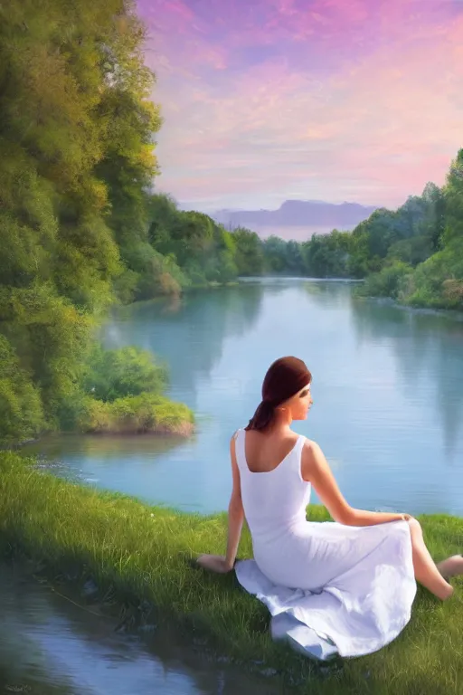 Image similar to a beautiful woman looking to the right side wearing a white dress, river in the background, serene scene, soft lighting, complementary colors, anatomically correct, five fingers, matte painting, centered, symmetrical, low contrast, heaven, path traced, highly detailed, high quality, 4 k, hyperrealistic, soft colors, beautiful landscape, realistic and defined face