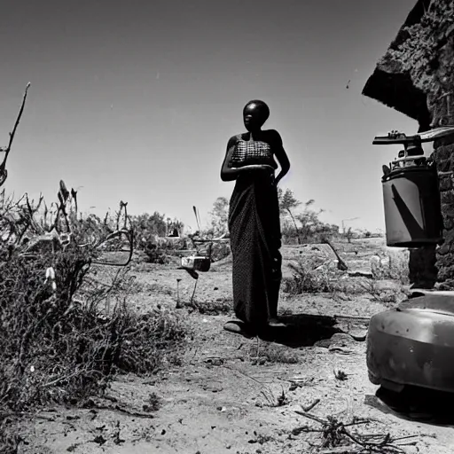 Image similar to wide angle photo of African woman inspecting laser gun ancient device, tools and junk on the ground,wires and lights, old village in the distance, vintage old photo, black and white, sepia