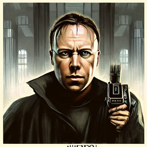 Image similar to portrait of a Alex Jones dressed as Neo from The Matrix, matte painting of Orwellian dystopia, by Antonio Caparo and tyler edlin and Greg Rutkowksi, tonalism, concept art, gothpunk illustration, detailed, UHD, photorealistic, trending on artstation