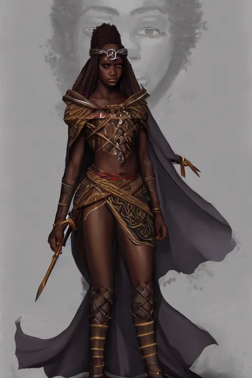 Image similar to beautiful ninja african princess with an afro. wearing cloak, medieval leather armor, artgerm, trending on artstation, d & d character concept art, inspired by brom, standing in medieval streets, bokeh