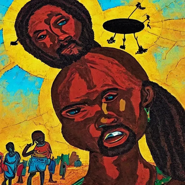 Image similar to UFO hovering over an African Jesus , colourful, in the style of Nigerian truck art,