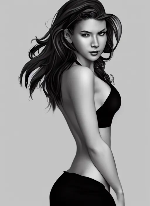 Image similar to full body portrait of a beautiful young woman in black and white, photorealistic, hair down to waist, sharp focus, in the style of Kevin Kostic, Stephen Lau and artgerm, hyper sharp focus, 8k highly detailed