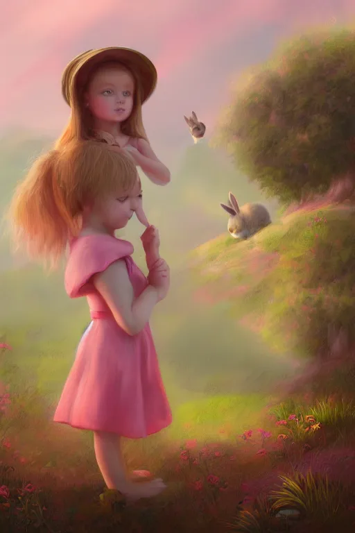 Image similar to matte sharp painting cute little girl and rabbit landscape painted by mark rydel artstation behance storybook style pastel colors