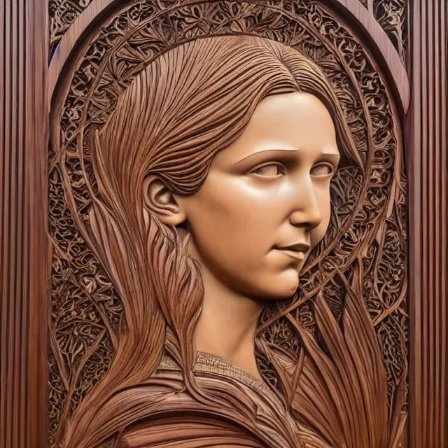 Prompt: a 3 d bas - relief wooden mahogany art nouveau carved sculpture of a young millie bobby brown or alicia vikander with long hair blowing in the wind, in front of a delicate tracery pattern, intricate and highly detailed, well - lit, ornate, realistic, polished with visible wood grain