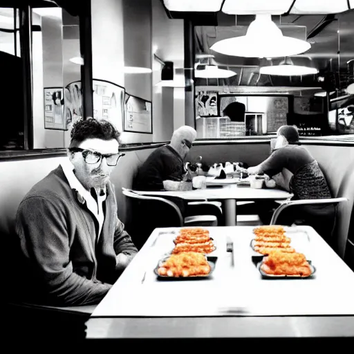 Image similar to walter white eating at mcdonald's, mcdonald's interior background, photo