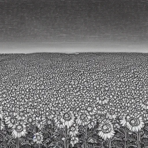 Prompt: A sunflower field at night by Kentaro Miura, highly detailed, black and white