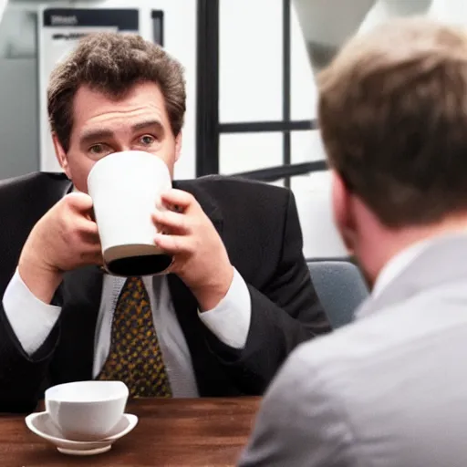 Prompt: the office scene of a man conversing with a sentient cup of coffee