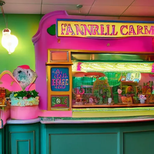 Image similar to a colorful fanciful ice cream parlor counter in the style of arnold lobel