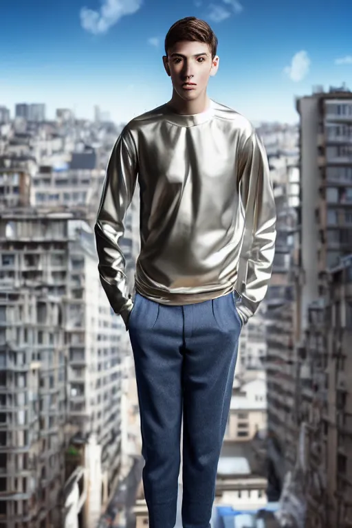 Image similar to un ultra high definition studio quality photographic art portrait of a young man standing on the rooftop of a british apartment building wearing soft padded silver pearlescent clothing. three point light. extremely detailed. golden ratio, ray tracing, volumetric light, shallow depth of field. set dressed.