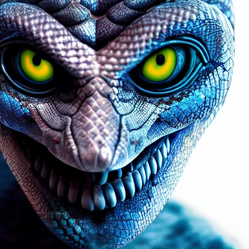 Prompt: snake man, up portrait with his face and body wrapped in white scales with glowing blue eyes. hyper photo realistic 8K HD HDRI, photo by Annie Leibovitz