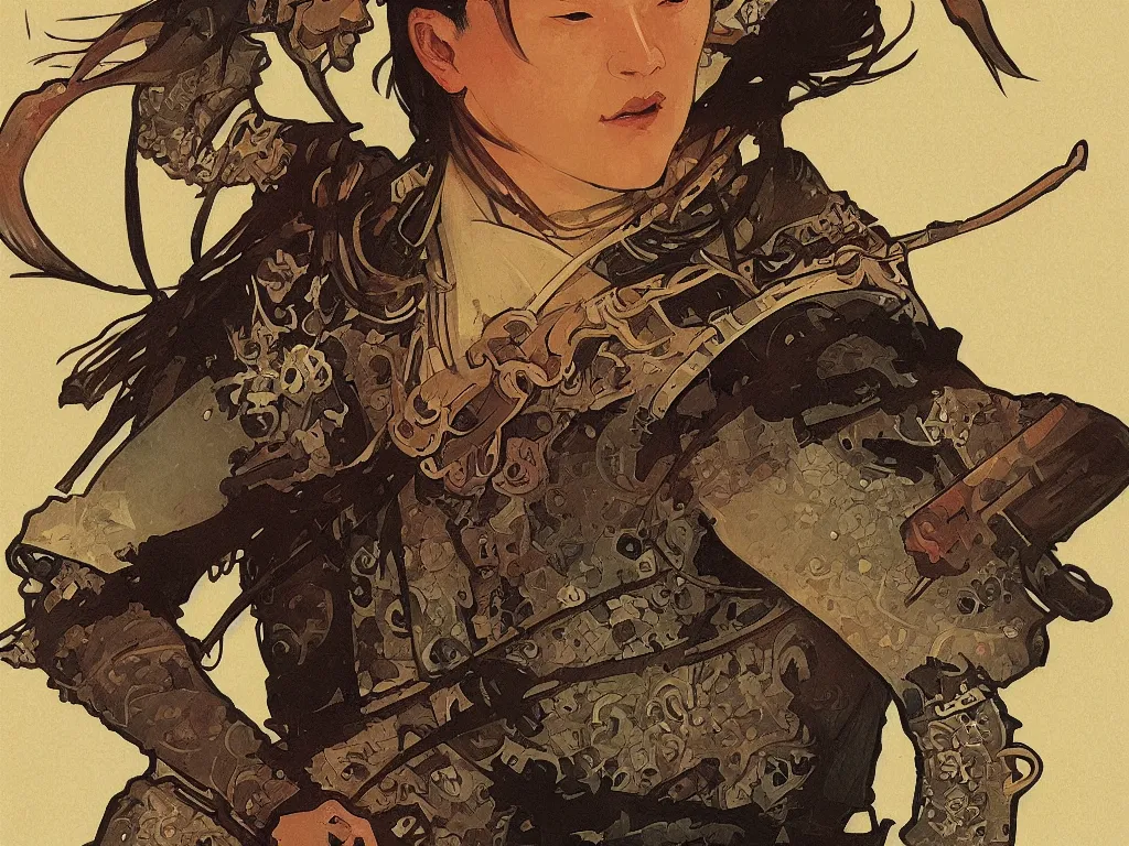 Image similar to close up of a samurai in full armor, by fiona staples, alphonse mucha, sachin teng