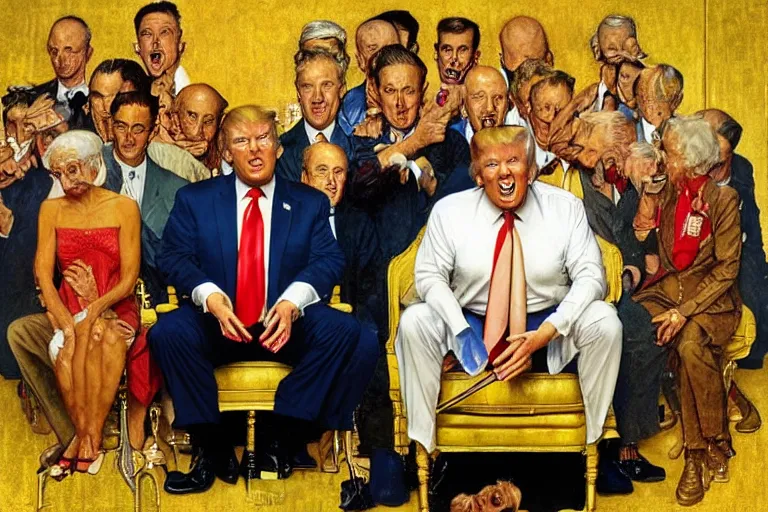 Prompt: Norman Rockwell painting of Donald Trump seated on a golden toilet in a tacky gold bathroom. He is in the center of the image, and he is sobbing and crying.