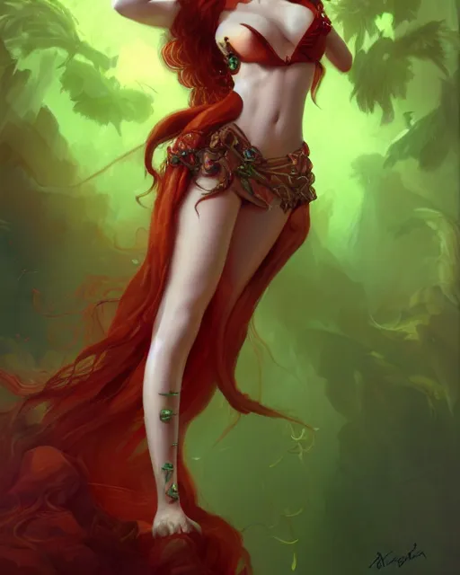 Prompt: A detailed painting of a full length portrait of a seductive woman sorceress with flowing red hair, and green eyes. By Anne Stokes and Steve Argyle and Daniela Uhlig and Tom Bagshaw. Trending on Artstation, digital character painting.