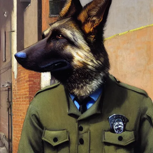 Prompt: new york city portrait of furry anthro anthropomorphic german shepard head animal person fursona wearing clothes police uniform in the alley, sunny day, digital art by Nerdrum John, William Waterhouse, Winslow Homer, Alex Heywood, Jordan Grimmer, Darren Quach, Greg Rutkowski, Simon Stalenhag, trending on Artstation, CGSociety