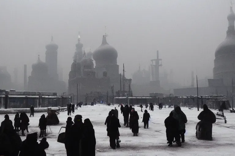 Image similar to Post-apocalyptic imperial russian city scene with a dark smog choked sky and a crowd of people freezing in the snow, black domes and spires, sci fi
