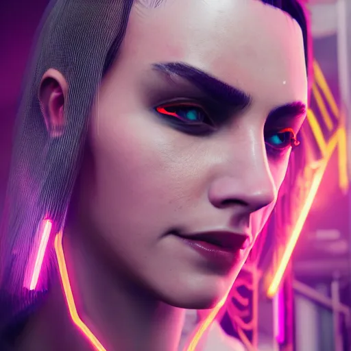 Prompt: rachel wise portrait, Cyberpunk 2077, cyberpsycho, photorealistic, ultra detailed, neon, octane, bokeh, cyber, cyberpunk city, feature, scars, cyberface, 8k