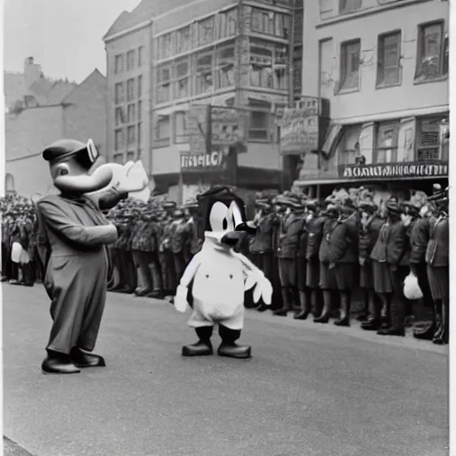 Image similar to historic colorized photograph of donald duck at a nazi parade in 1 9 3 6