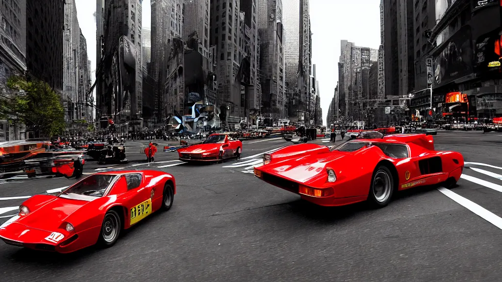 Image similar to One Ferrari 512 races down fifth Avenue in New York City, motion blur, dusk, highly detailed and realistic photograph, no people