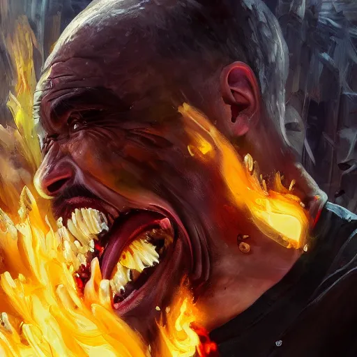 Image similar to a screaming man holds a burning nvidia graphics card, expressive oil painting, digital art, trending on artstation