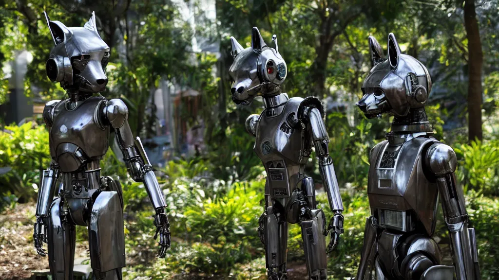 Image similar to film still from the movie chappie of the robot chappie shiny metal outdoor park plants garden scene bokeh depth of field several figures furry anthro anthropomorphic stylized cat ears wolf muzzle head android service droid robot machine fursona