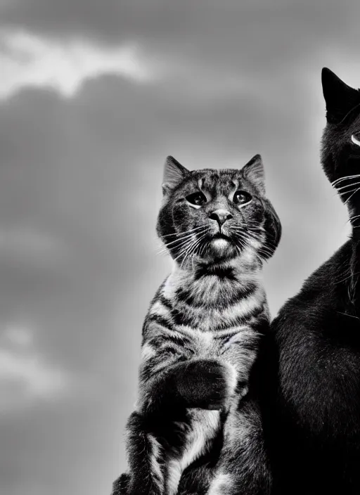 Prompt: two black panthers black and white portrait white sky in background