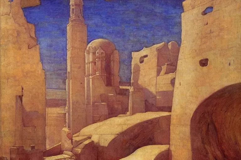 Image similar to ancient city by the sea by Annie Swynnerton and Nicholas Roerich and jean delville, strong dramatic cinematic lighting , ornate painted architecture, lost civilizations, smooth, sharp focus, extremely detailed