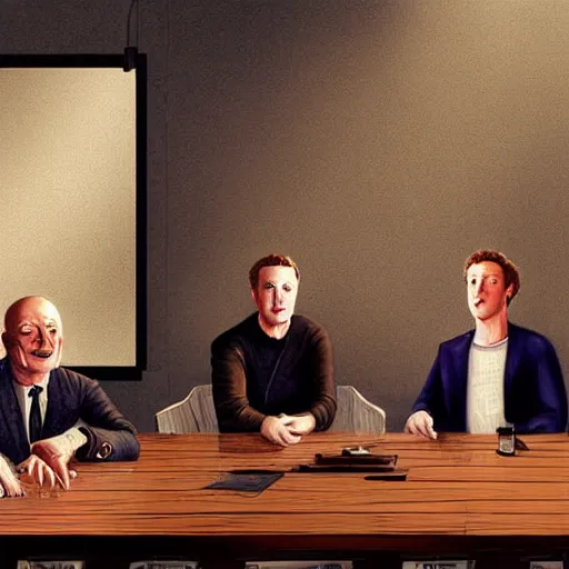 Prompt: portrait of elon musk, mark zuckerberg, jeff bezos, in meeting together, same table, very detailed, art contest winner on behance, trendy on deviant art, by by artgem, greg rutkowski