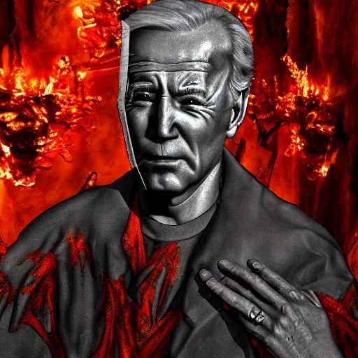 Image similar to biden in dante's inferno painting, crosses, dark beauty, rotten gold, closeup faces, extremely detailed, cinema 4 d, unreal engine.