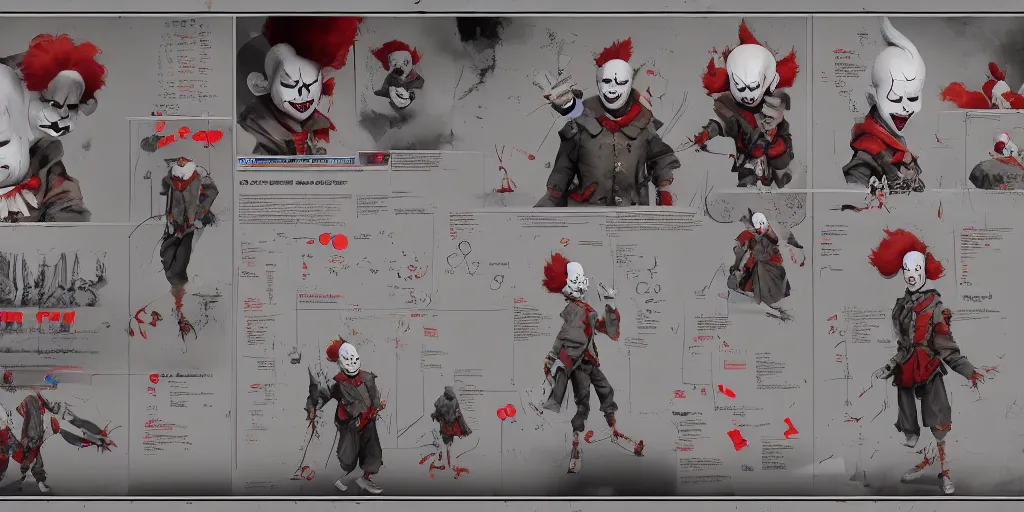 Image similar to pennywise, character sheet, concept design, contrast, kim jung gi, greg rutkowski, zabrocki, karlkka, jayison devadas, trending on artstation, 8 k, ultra wide angle, pincushion lens effect