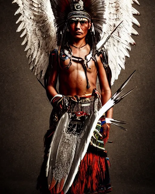 Prompt: a tupi guarani warrior with angelic wings, by tsuyoshi nagano, by greg rutkowski, dramatic lighting, blood, god rays, angelical, symmetrical, intricate, detailed, cinematic, masterpiece, extreme details, volumetric light