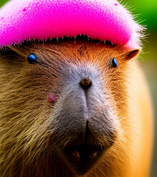 Image similar to award winning 5 5 mm close up portrait color photo of a capybara with pink slime oozing out of its nose, in a park by luis royo. soft light. sony a 7 r iv