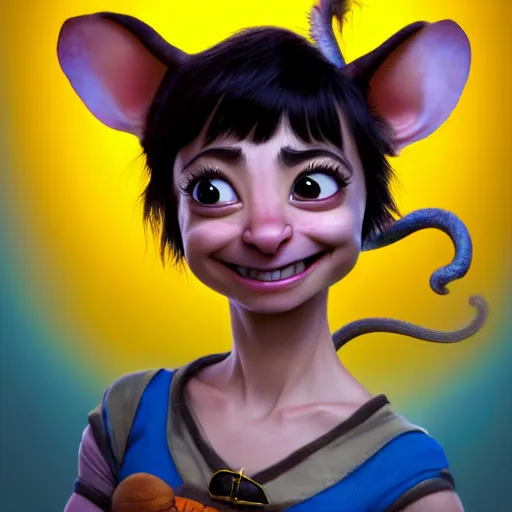 Prompt: an epic fantasy comic book style portrait painting of an extremely cute and adorable very beautiful cheesepunk kate micucci as a mouse halfling na'vi from avatar, by mark ryden and pixar and hayao miyazaki, unreal 5, daz, hyperrealistic, octane render, cosplay, rpg portrait, dynamic lighting, intricate detail, summer vibrancy, cinematic