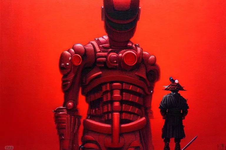 Image similar to only with red, a red cyborg samurai, tokio futuristic in background, some evil yokai, in the style of beksinski, parts by edward hopper, parts by rodcenko, parts by yue minjun, intricate and epic composition, red by caravaggio, insanely quality, highly detailed, masterpiece, red light, artstation, 4 k